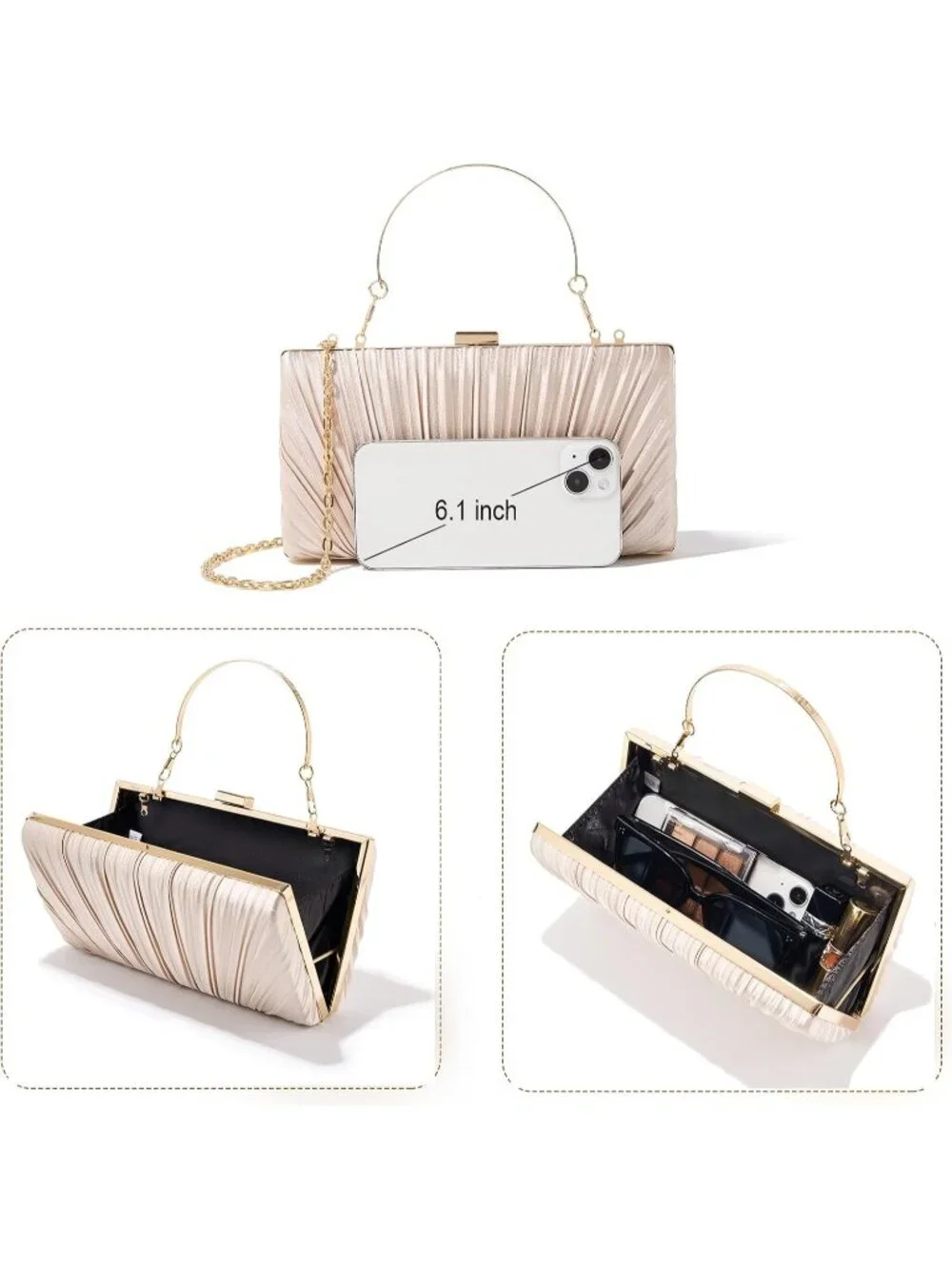 Women's Satin Gold Pleated Evening Handbag with Chain Prom Classic Clutch Purses